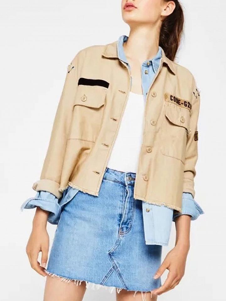 Choies Khaki Pocket Letter Patch Circle Detail Jacket