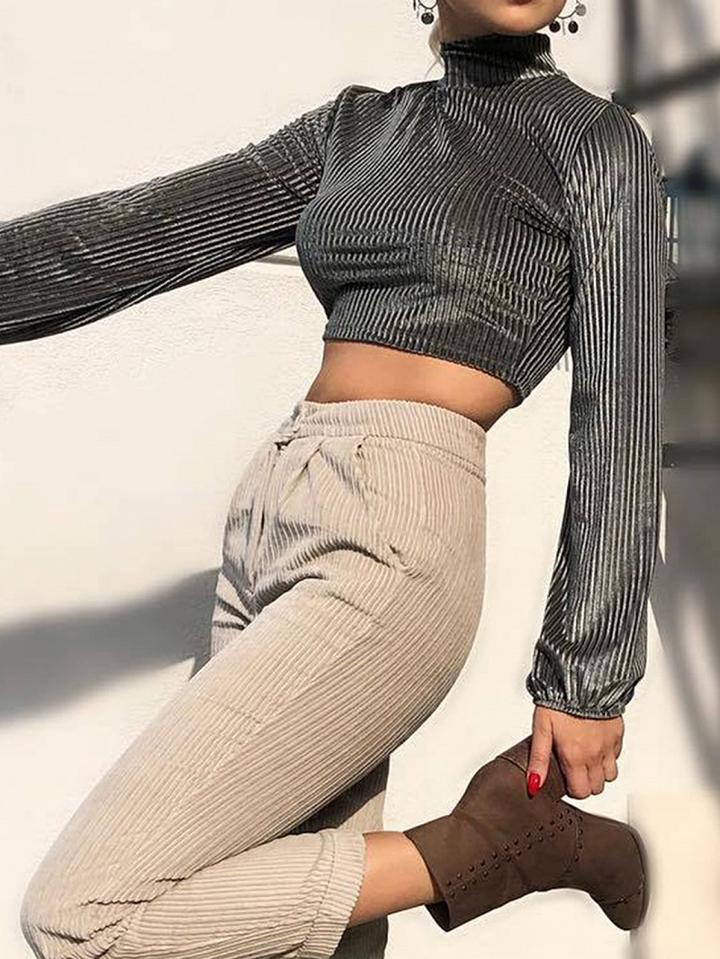 Choies Gray Ribbed High Neck Puff Sleeve Crop Sweatshirt