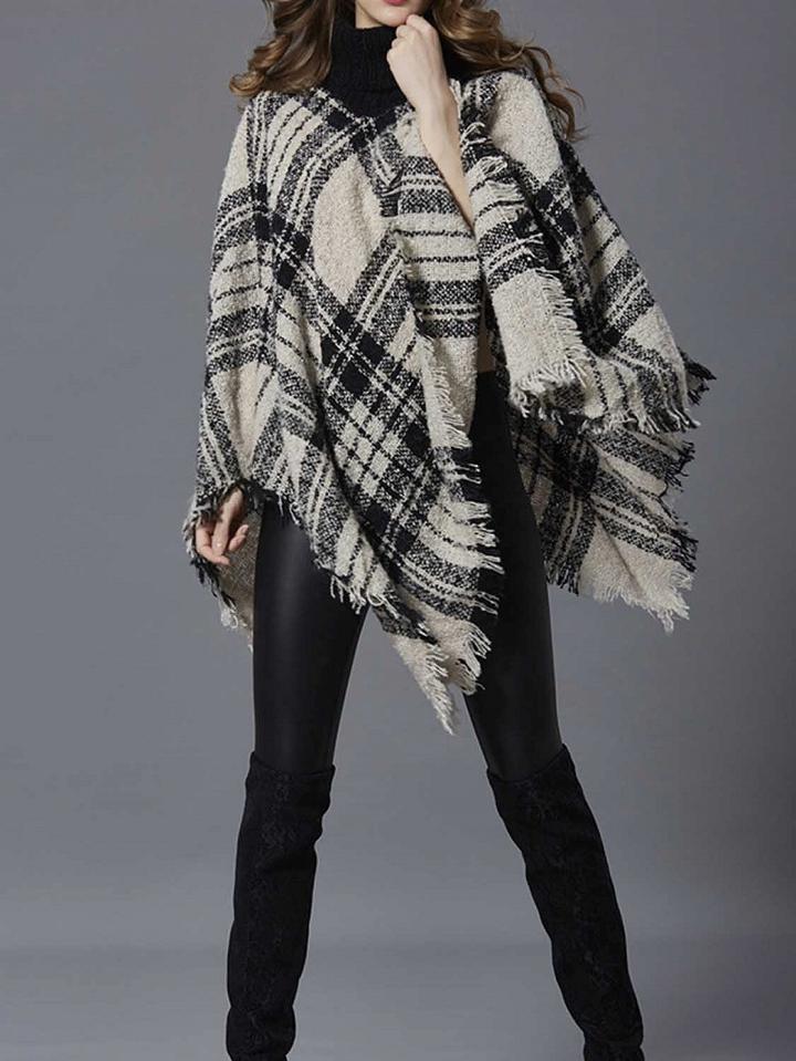 Choies White Plaid High Neck Tassel Trim Batwing Sleeve Knit Sweater