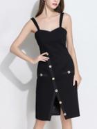 Choies Black Sweetheart Asymmetric Button Placket Shoulder Strap Dress