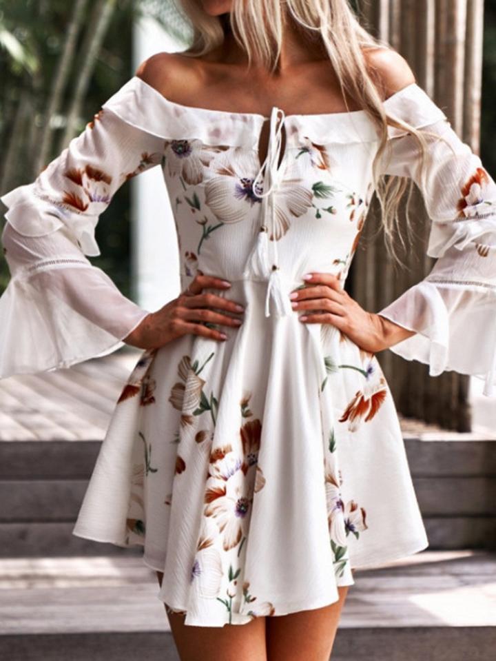 Choies White Off Shoulder Floral Print Flare Sleeve Chic Women Mini Dress