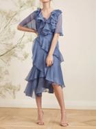 Choies Blue Chiffon V-neck Ruffle Trim Asymmetric Hem Chic Women Midi Dress