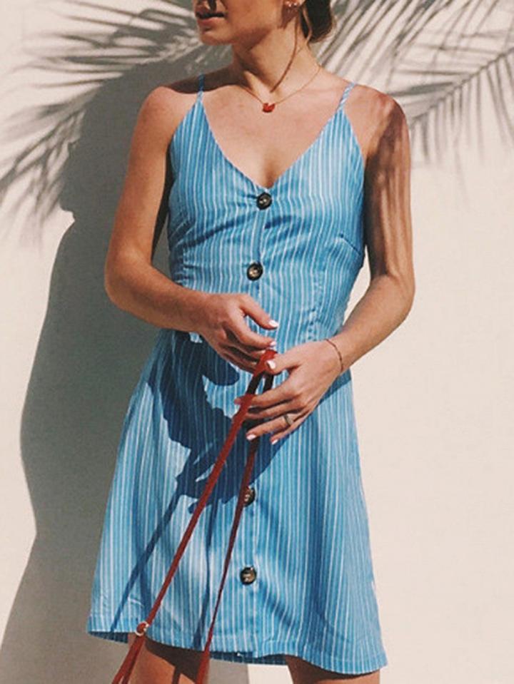 Choies Blue Stripe V-neck Button Placket Front Chic Women Cami Mini Dress
