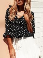 Choies Black V-neck Ruffle Trim Polka Dot Detail Blouse