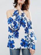 Choies Blue Floral Print Choker Neck Tie Long Sleeve Top