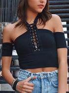 Choies Black Halter Lace Up Front Ribbed Crop Top