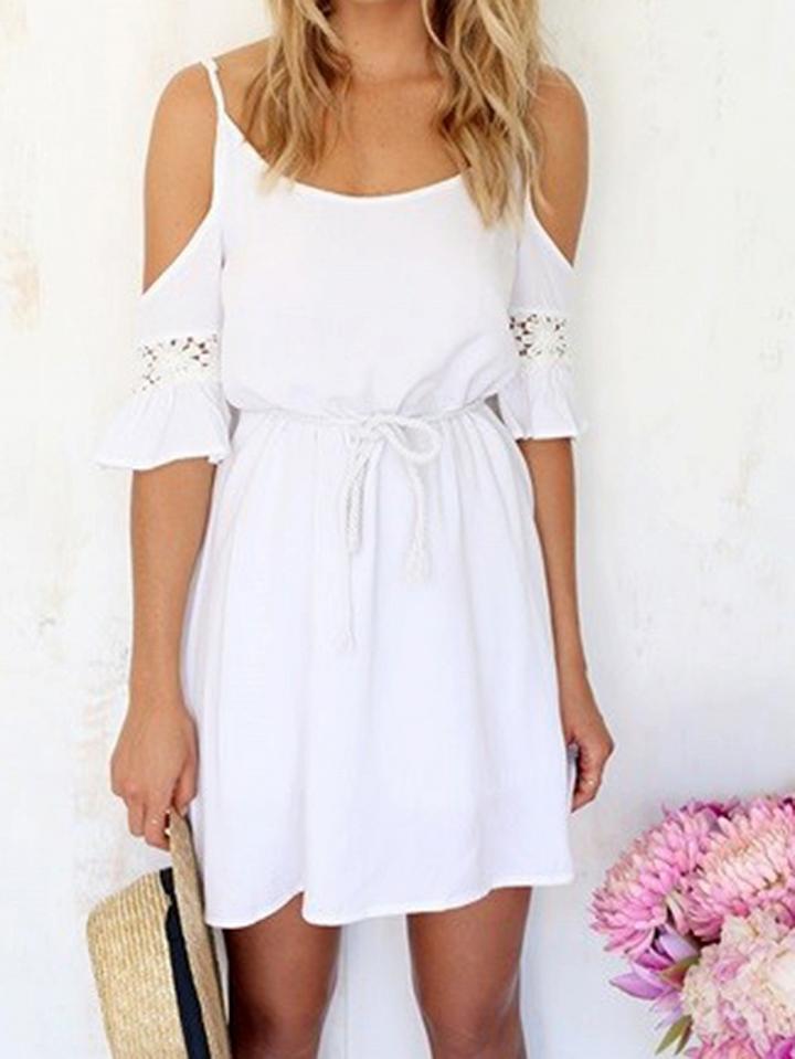 Choies White Cold Shoulder Lace Panel Tie Waist Chic Women Mini Dress