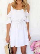 Choies White Cold Shoulder Lace Panel Tie Waist Chic Women Mini Dress