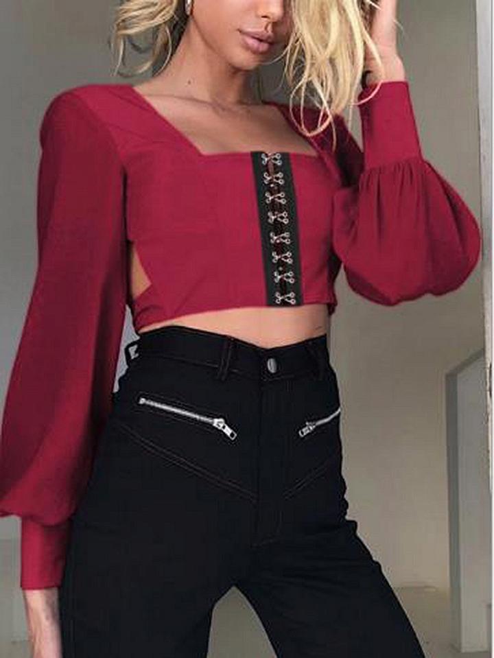 Choies Red Eyelet Detail Open Back Long Sleeve Crop Blouse