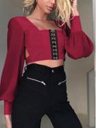 Choies Red Eyelet Detail Open Back Long Sleeve Crop Blouse