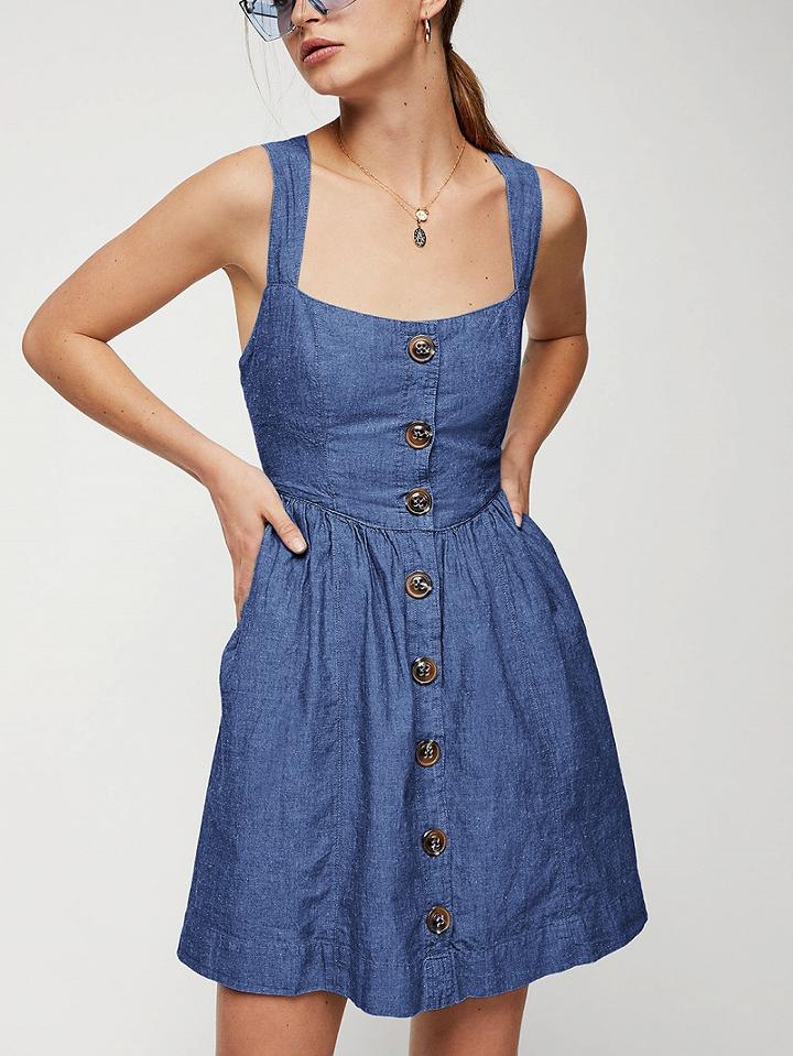 Choies Light Blue Button Placket Front Open Back Mini Dress