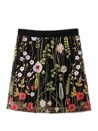 Choies Black Embroidery Floral Elastic Waist Mesh Skirt