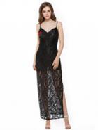 Choies Black V-neck Embroidery Rose Backless Side Split Maxi Dress