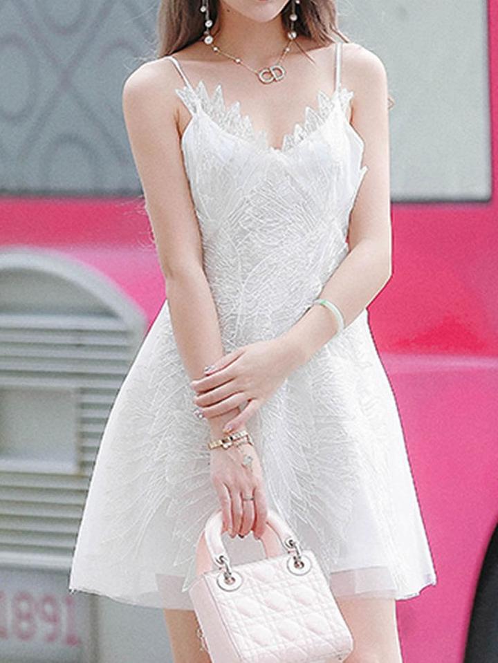Choies White V Neck Embroidery Wing Mesh Cami Skater Dress