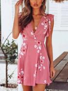 Choies Pink V-neck Ruffle Trim Floral Print Mini Dress