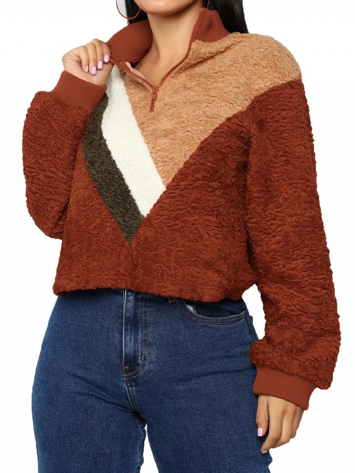 Choies Multicolor Stand Collar Zip Front Long Sleeve Fleece Crop Hoodie