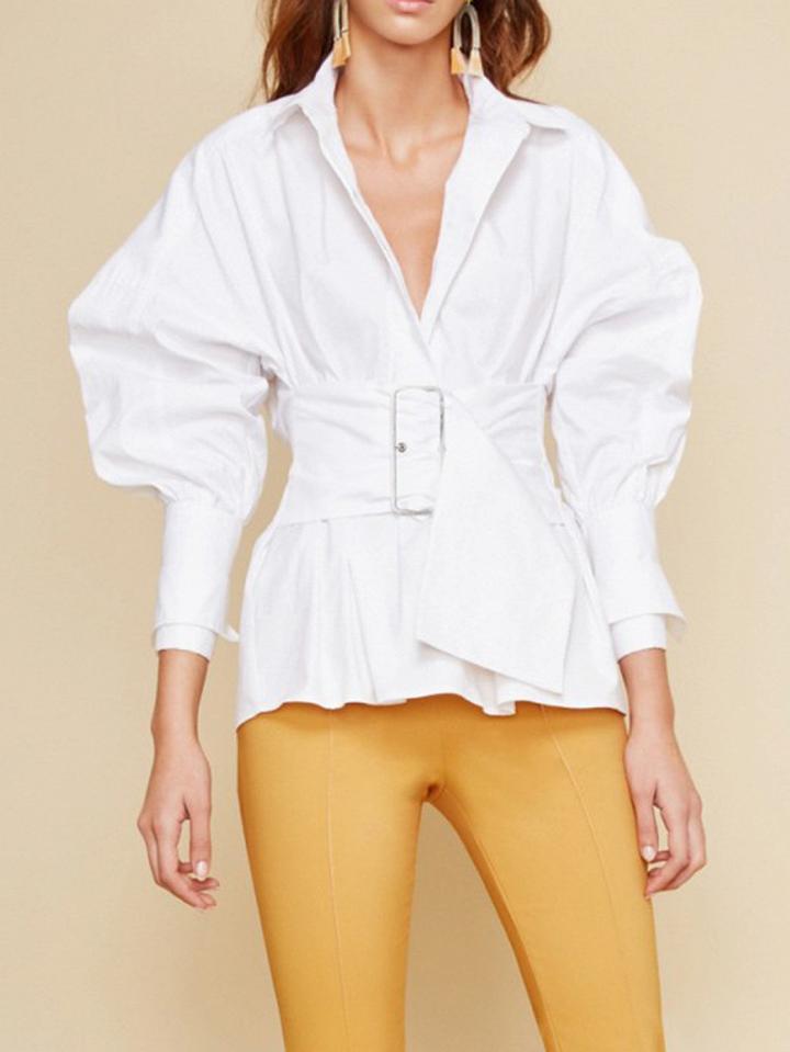 Choies White V-neck Buckle Strap Waist Puff Sleeve Chic Women Blouse