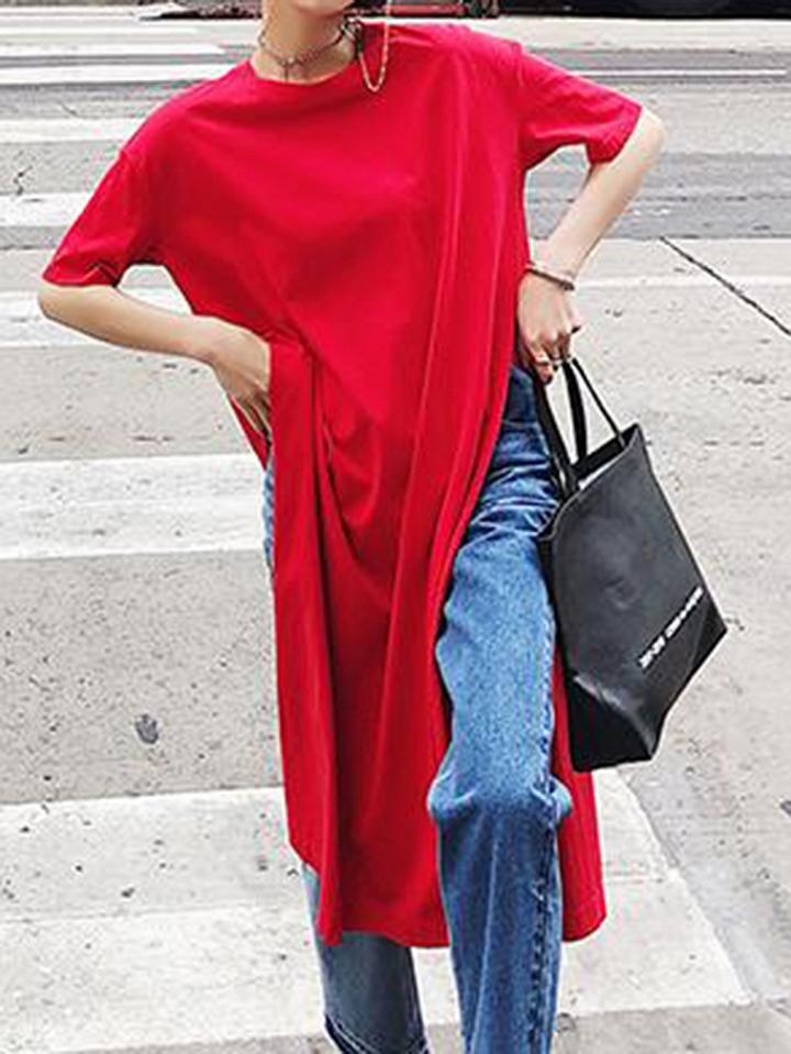 Choies Women's Red Cotton Side Split Short Sleeve Longline T-shirt