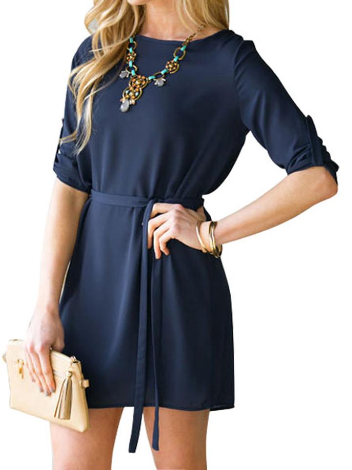 Choies Navy Belt Waist Roll Up Sleeve Plain Dress