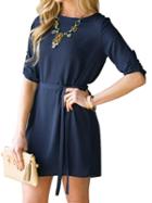 Choies Navy Belt Waist Roll Up Sleeve Plain Dress