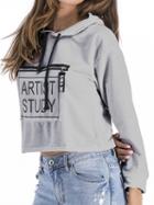 Choies Gray Cotton Letter Print Long Sleeve Chic Women Crop Hoodie