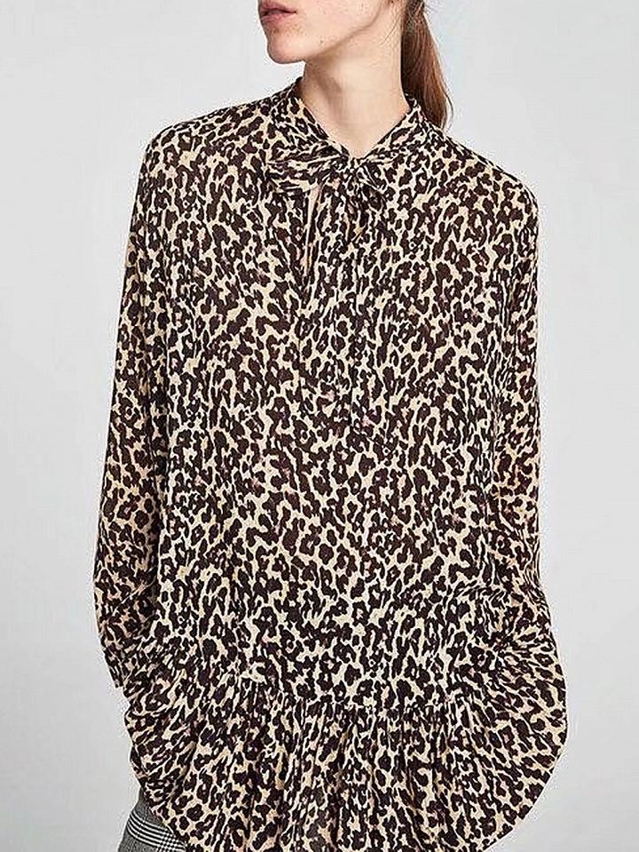 Choies Brown Leopard Print Bow Tie Front Ruffle Hem Blouse