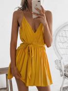 Choies Yellow Plunge Tie Waist Open Back Ruched Chic Women Cami Mini Dress