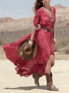 Choies Red Chiffon V-neck Floral Print Half Sleeve Chic Women Maxi Dress
