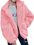 Choies Pink Lapel Long Sleeve Chic Women Faux Shearling Coat