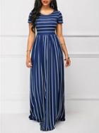 Choies Blue Stripe Cut Out Back Maxi Prom Dress