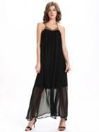 Choies Black Halter Embroidery Geo-tribal Chiffon Maxi Dress