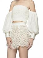 Choies White Off Shoulder Puff Sleeve Crop Top And High Waist Lace Shorts