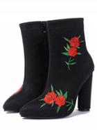 Choies Black Faux Suede Embroidery Rose Heeled Boots