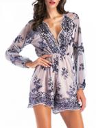 Choies Gray Plunge Sequin Detail Long Sleeve Playsuit