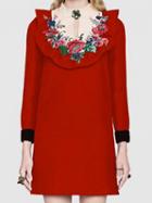 Choies Red Flower Embroidery Ruffle Trim Long Sleeve Chic Women Mini Dress