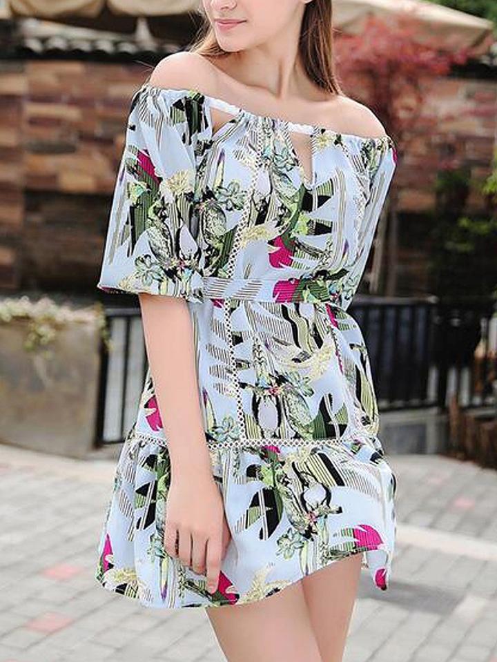 Choies Blue Tropical Print Off Shoulder Cut Out Ladder Trim Skater Dress