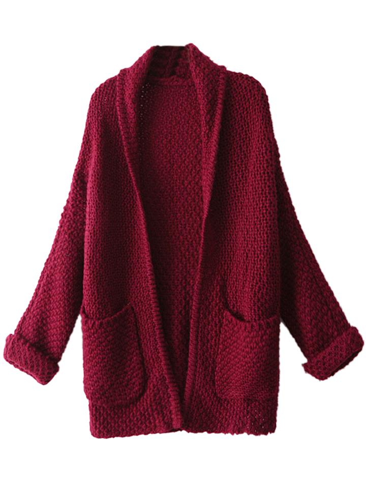 Choies Burgundy Lapel Pocket Detail Open Front Long Sleeve Knit Cardigan