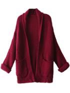 Choies Burgundy Lapel Pocket Detail Open Front Long Sleeve Knit Cardigan