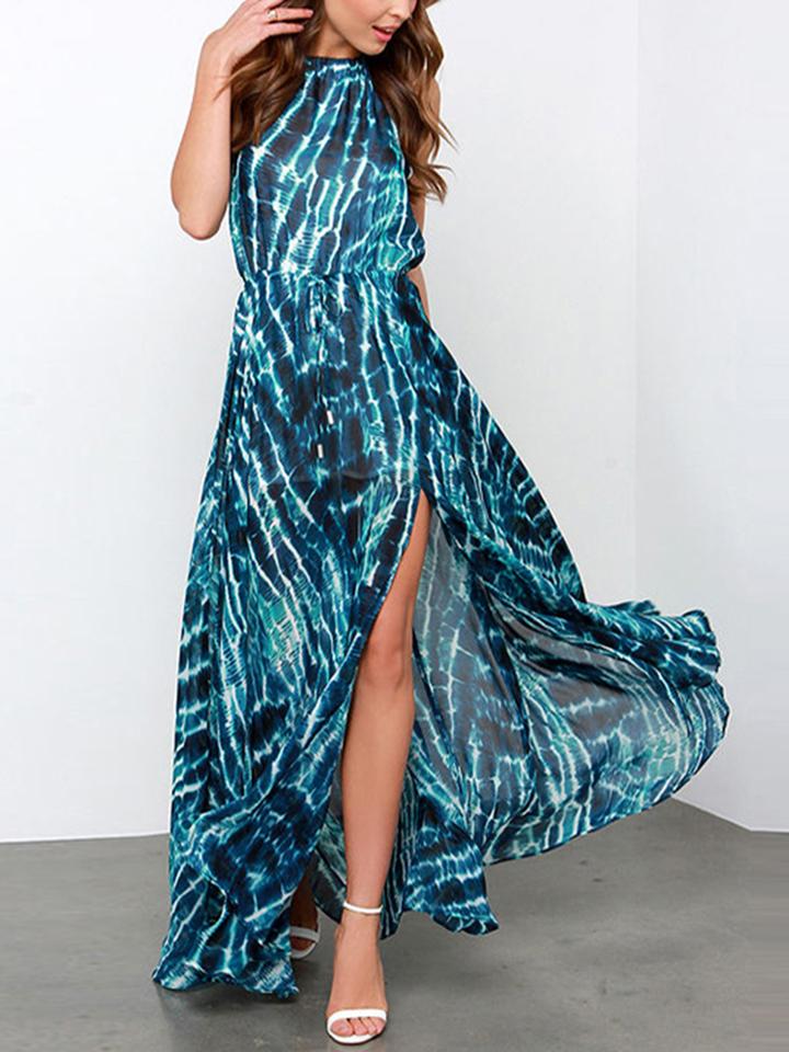 Choies Color Block Ripple Print Keyhole Back Split Maxi Dress