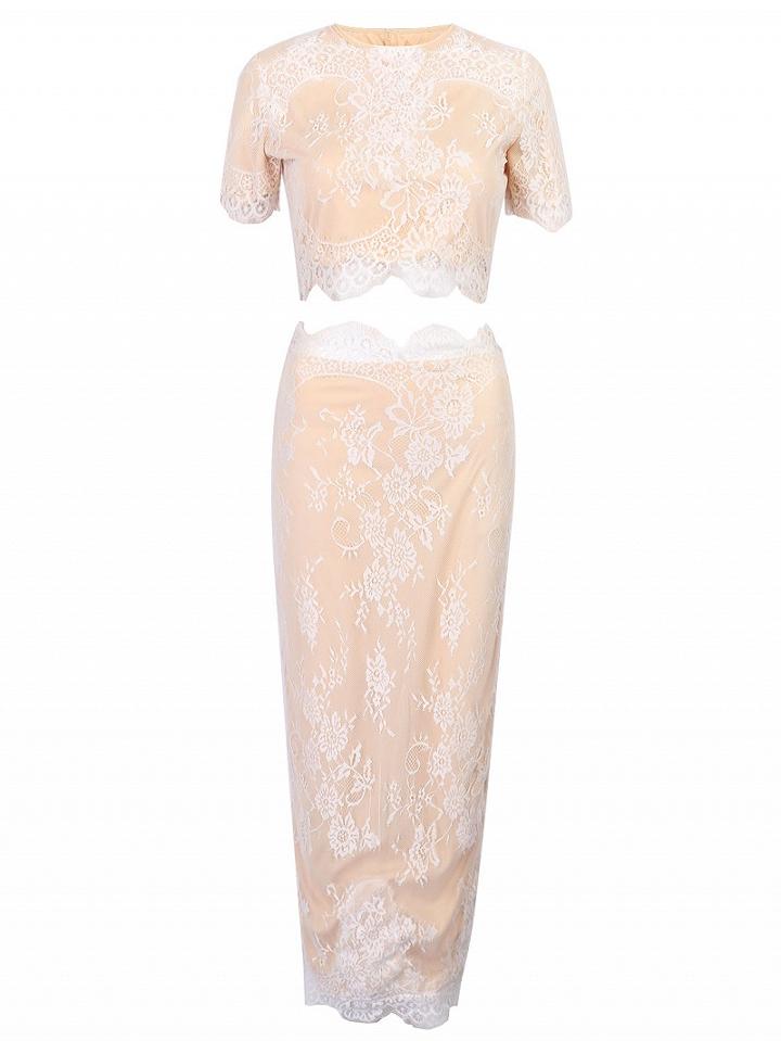 Choies Yellow Short Sleeve Lace Crop Top And High Waist Skirt