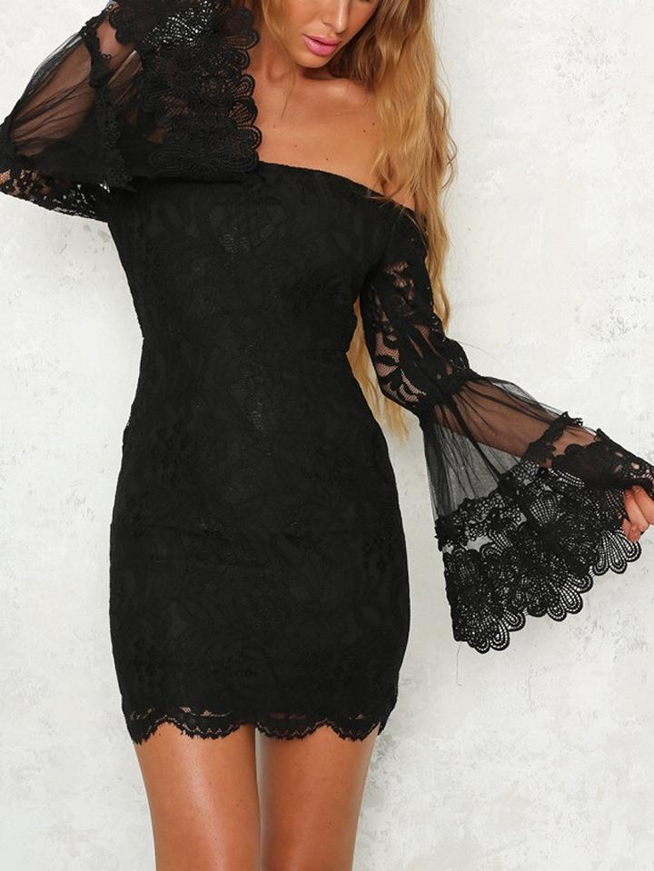 Choies Black Off Shoulder Flare Sleeve Lace Bodycon Mini Dress