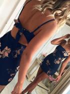 Choies Navy Blue Floral Print Knot Back Cami Bodycon Dress
