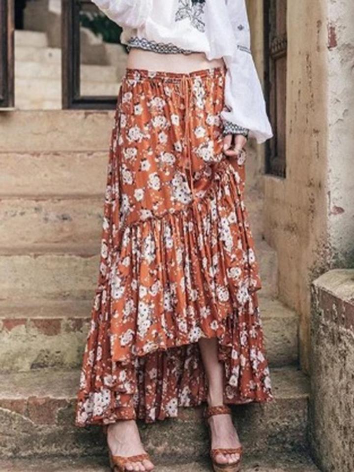 Choies Yellow Floral Print Frill Trim Asymmetric Hem Skirt