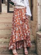 Choies Yellow Floral Print Frill Trim Asymmetric Hem Skirt