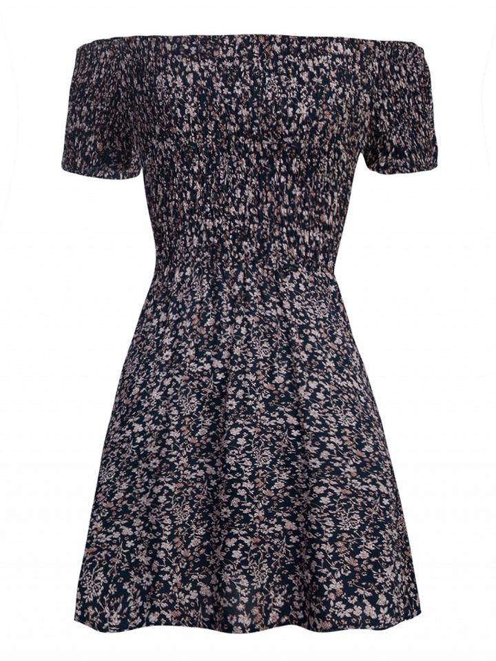 Choies Blue Off Shoulder Floral Print A-line Dress