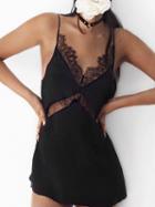 Choies Black V-neck Lace Panel Satin Cami Mini Dress