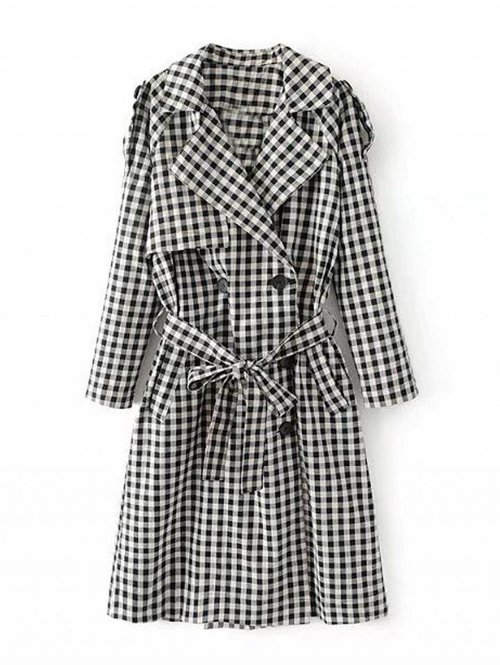 Choies Monochrome Gingham Lapel Double Breasted Tie Waist Trench Coat