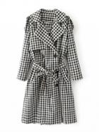 Choies Monochrome Gingham Lapel Double Breasted Tie Waist Trench Coat