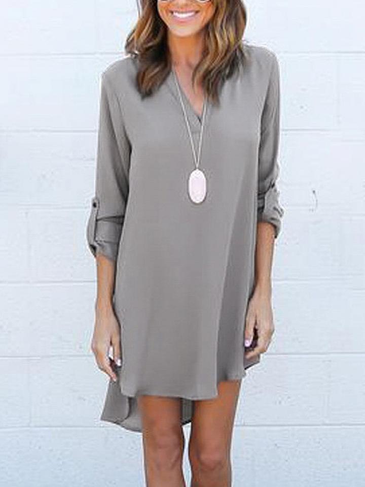 Choies Gray V-neck Roll-up Sleeve Dipped Hem Dress