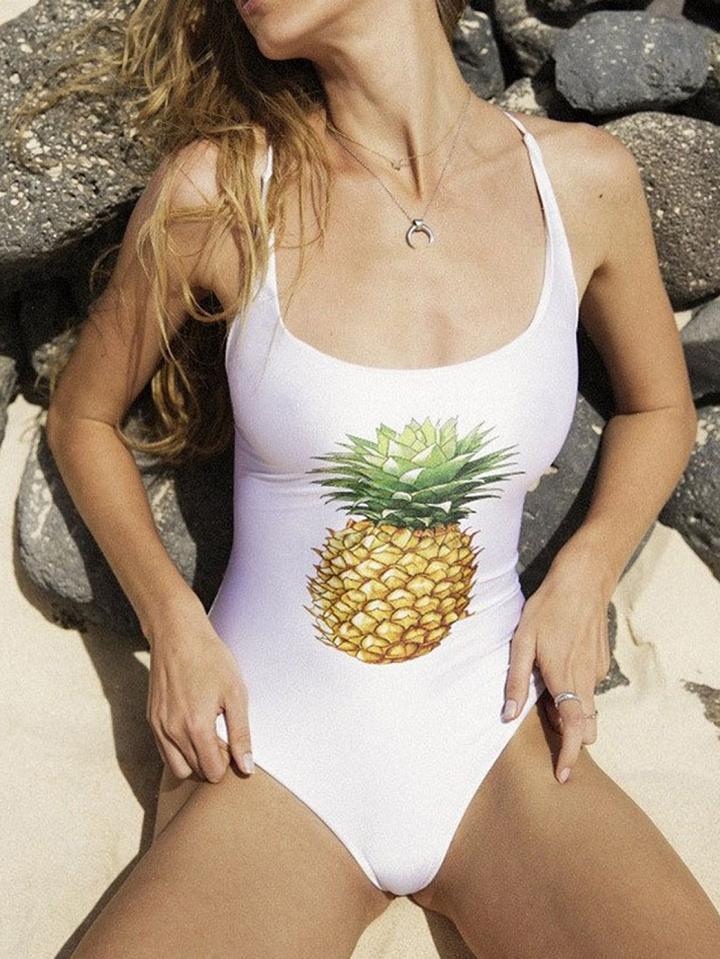 Choies White Nylon Pineapple Print Open Back Chic Women Swimsuit